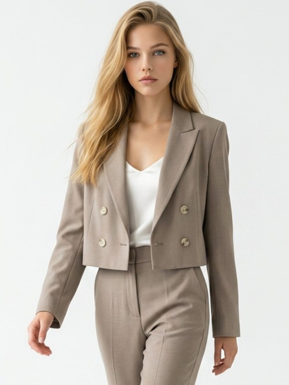 BABATON Cropped Double-Breasted Women's Wool Blazer in Taupe - Picture 2 of 9